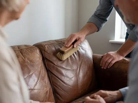 Detailed view of hands using a brush to clean a leather sofa surface, highlighting the texture and care process for furniture maintenance.