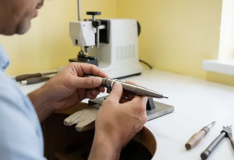 A jeweler uses a mandrel and measuring machine to precisely measure a ring in a workshop with yellow walls and visible tools