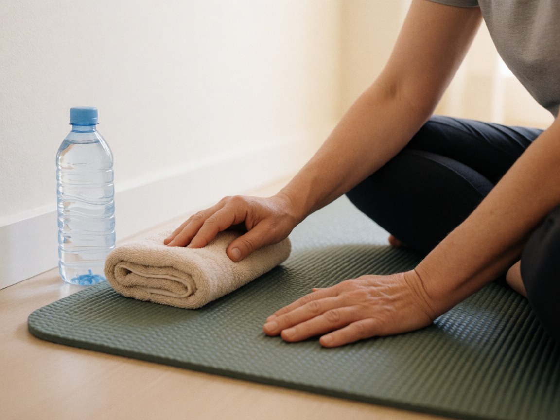 A person arranges a towel and water bottle on a yoga mat, ready for a maternal massage in a clean, organized space.