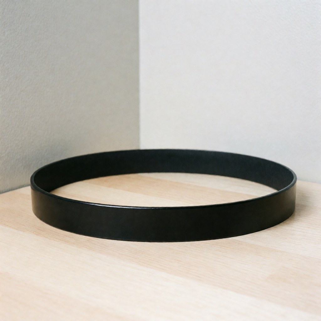 A glossy black leather belt with smooth edges displayed on a light wooden surface against a gray wall with professional lighting.