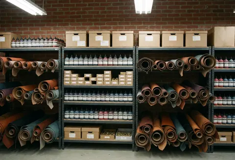 Neatly arranged leather rolls and dye containers on shelves in an industrial workshop setting