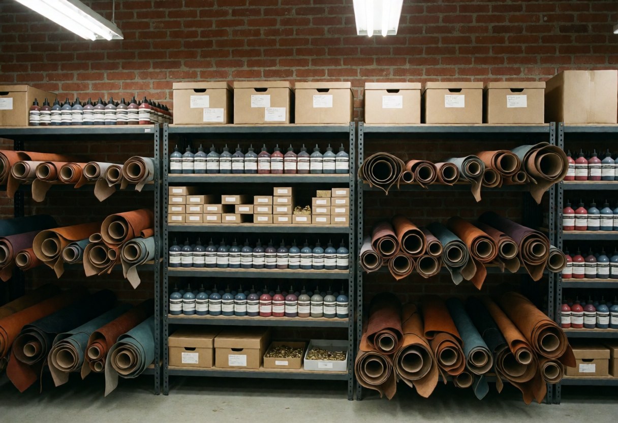 Neatly arranged leather rolls and dye containers on shelves in an industrial workshop setting