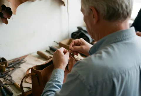 An older craftsman sewing a leather bag in his workshop with visible tools and natural light focused on his hands and manual work.