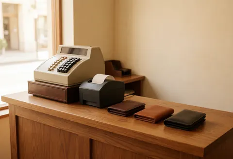 Three brown leather handbags displayed on a wooden counter next to a vintage cash register and printer against a beige wall.