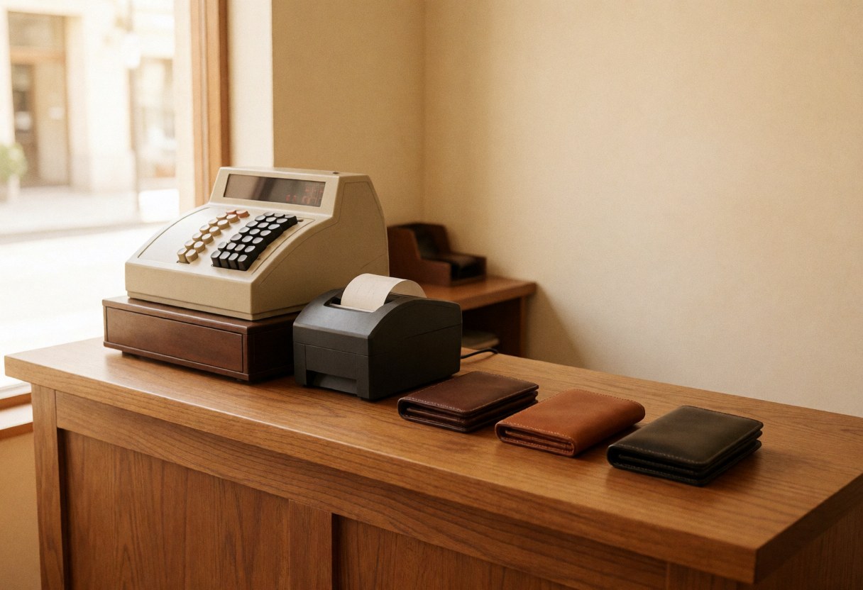 Three brown leather handbags displayed on a wooden counter next to a vintage cash register and printer against a beige wall.