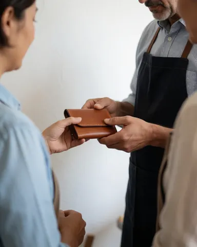 A satisfied client receives a freshly stitched leather wallet from an artisan in a workshop setting.