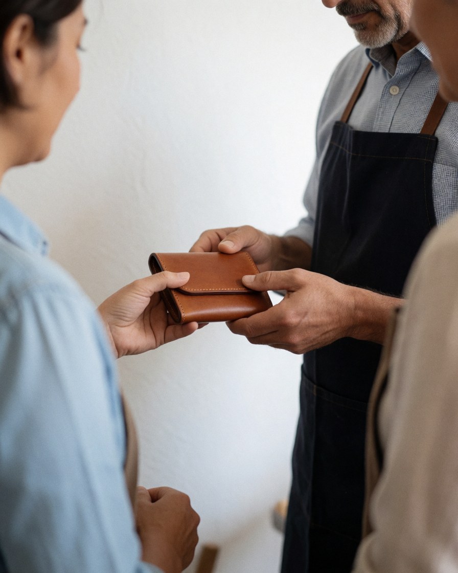 A satisfied client receives a freshly stitched leather wallet from an artisan in a workshop setting.