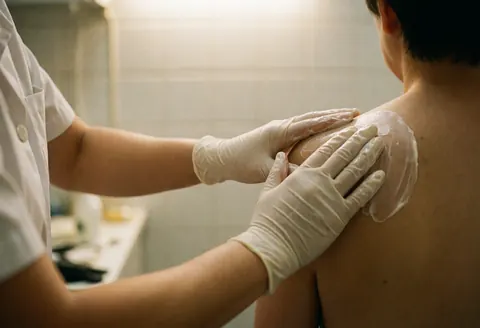 Osteopath wearing white gloves applies therapeutic cream to a patient's shoulder in a clinical setting with warm lighting.