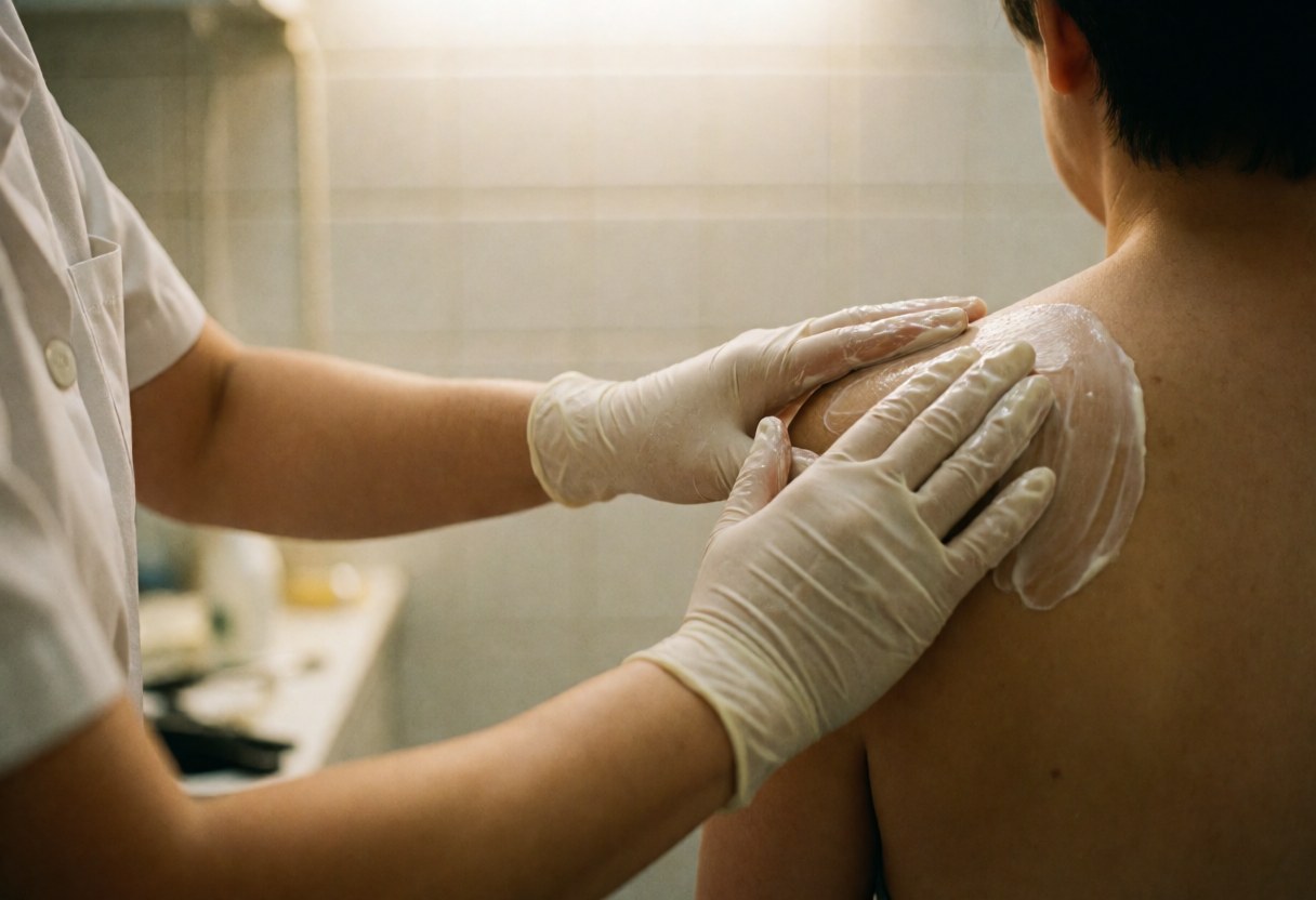 Osteopath wearing white gloves applies therapeutic cream to a patient's shoulder in a clinical setting with warm lighting.