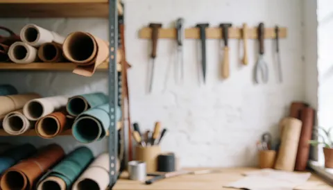 A blurred background view of a leatherworking workshop featuring rolls of leather, tools, and wooden surfaces for use as a text background