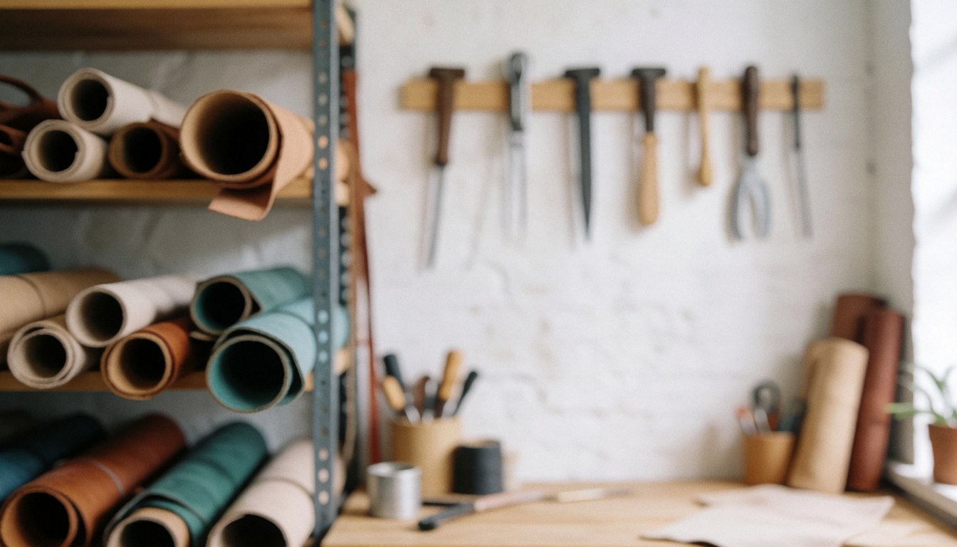 A blurred background view of a leatherworking workshop featuring rolls of leather, tools, and wooden surfaces for use as a text background