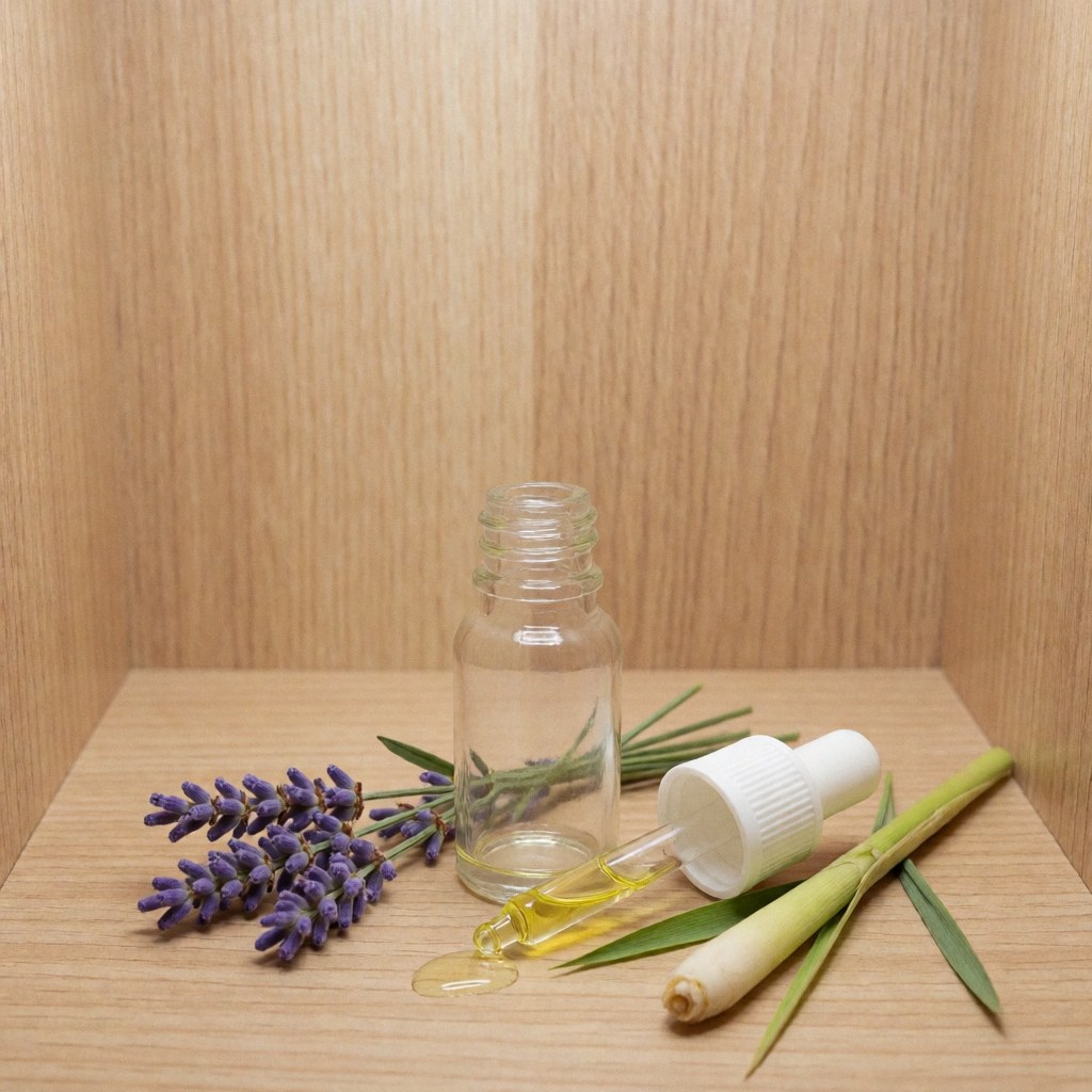 Glass bottle with pipette containing lavender and lime essential oil placed on wood for aromatherapy and wellness