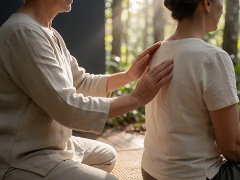 Hands performing Reiki healing therapy on a client's back in a serene forest setting, promoting relaxation and wellness.