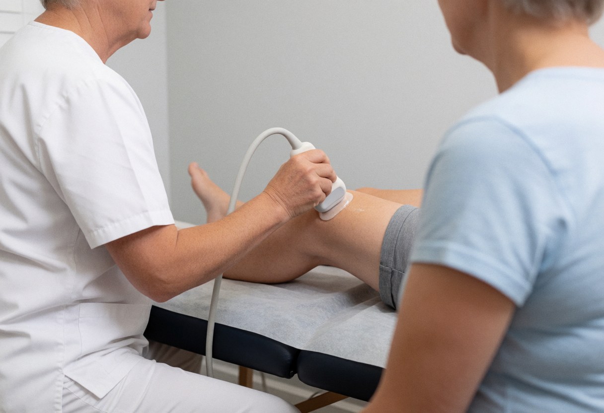 A therapist holds a transducer to apply ultrasound treatment to a patient's knee while seated in a clean clinic.