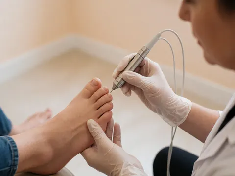 A podiatrist wearing gloves uses an iontophoresis device on a patient's foot in a clinical setting with soft lighting and a blurred background.