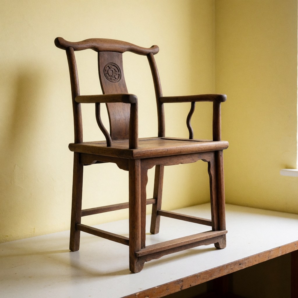 A restored vintage wooden chair with dark wood and visible joinery details, showcasing quality craftsmanship and authenticity in a furniture repair setting.