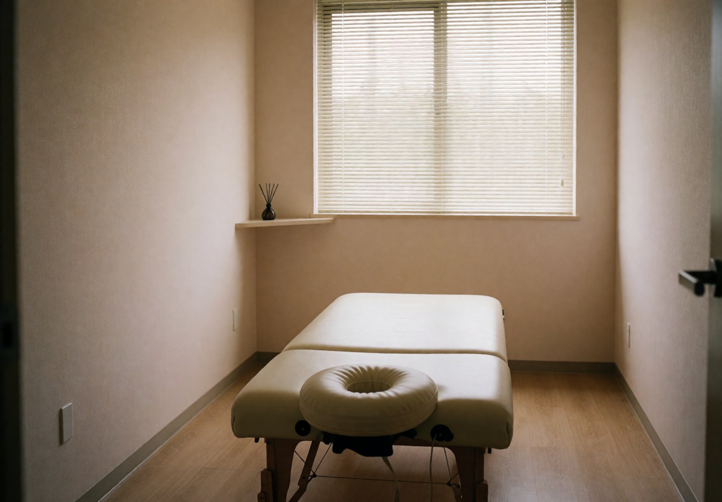 An empty massage therapy room featuring a treatment table, beige walls, wooden floor, and diffused natural light creating a calm atmosphere