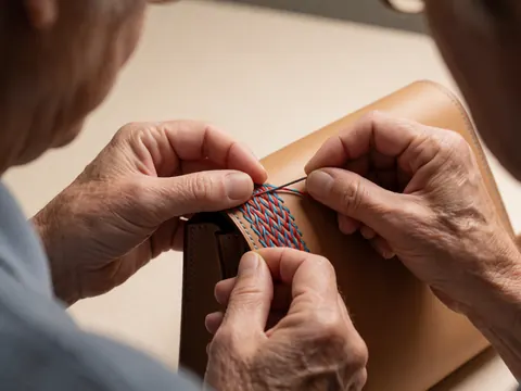 Hands of a craftsman sewing a leather bag with red and blue thread in a workshop with a blurred background