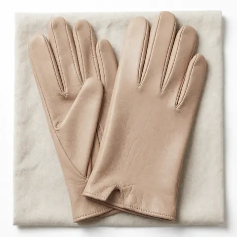 Folded soft leather gloves resting on light linen fabric, top view with bright lighting highlighting texture and craftsmanship