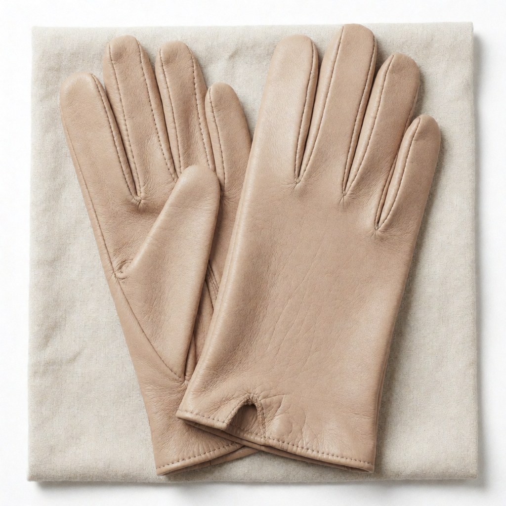 Folded soft leather gloves resting on light linen fabric, top view with bright lighting highlighting texture and craftsmanship