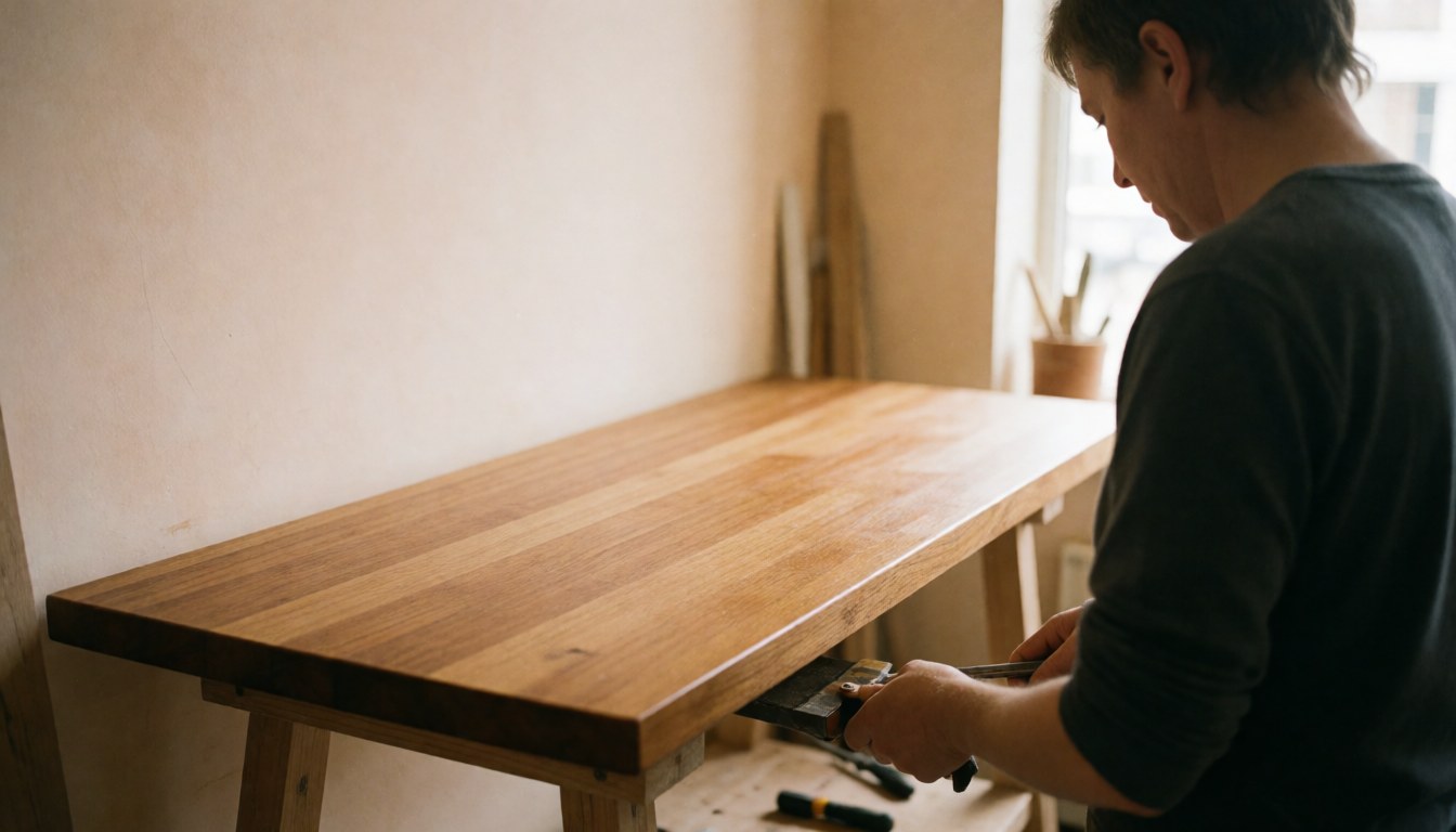 A close-up view of a restored wooden countertop with a smooth finish, prepared and ready for delivery to a client's home.