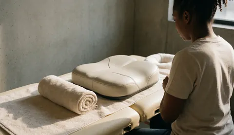 Ergonomic support cushion on a massage table with a rolled towel, concrete wall, and natural light creating a calm atmosphere for maternal care.