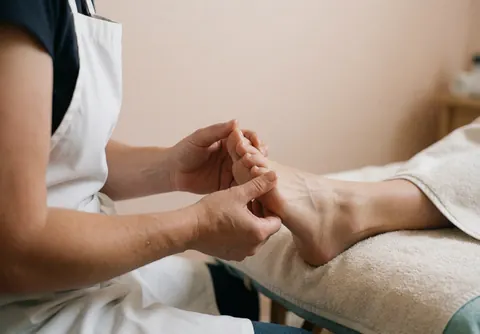 Therapist in white apron applying essential oil foot massage in beige wellness room