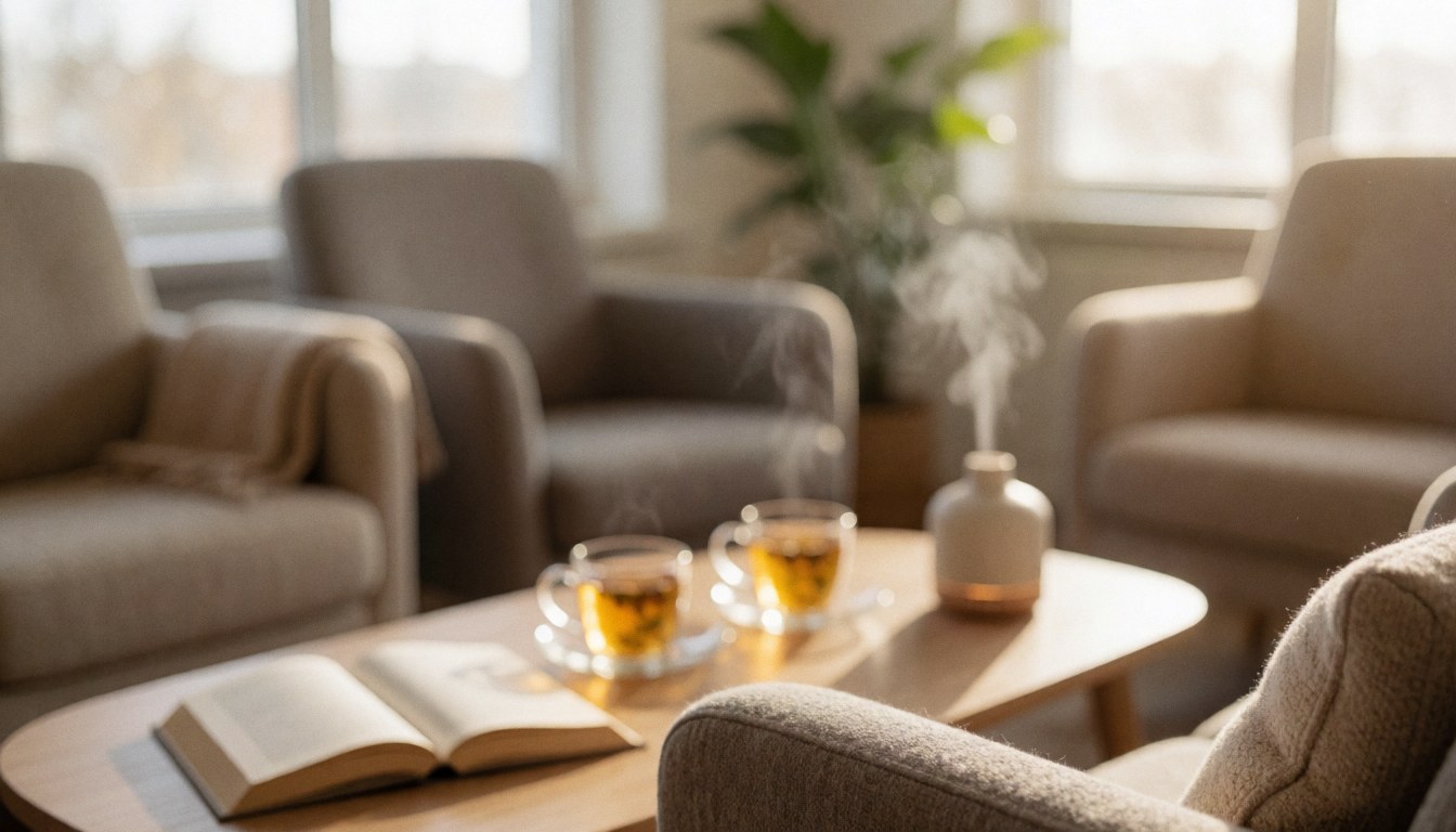 Cozy waiting area featuring comfortable chairs, a table with tea and a book, and an active diffuser creating a warm, relaxing atmosphere with natural light.