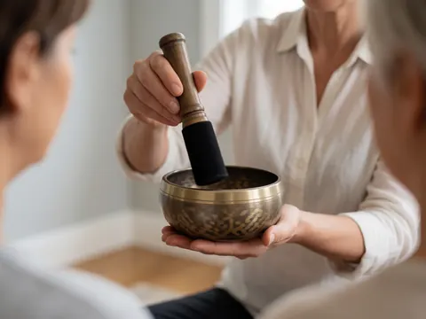 Close-up of hands striking a sound bowl with a mallet during a reiki session, featuring blurred background and natural light.