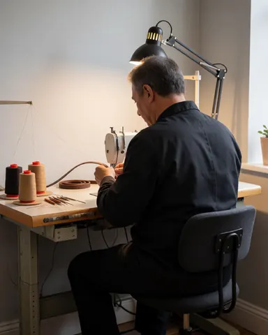 A well-lit workspace featuring a wooden table equipped with sewing tools, thread spools, and a lamp, ready for crafting tasks.