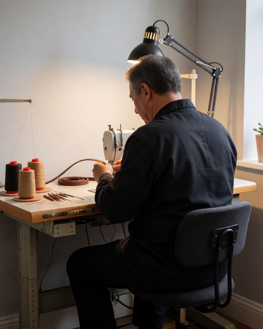 A well-lit workspace featuring a wooden table equipped with sewing tools, thread spools, and a lamp, ready for crafting tasks.
