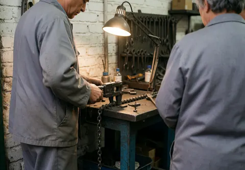 A close-up view of a bicycle chain being replaced during a professional repair service in a workshop setting