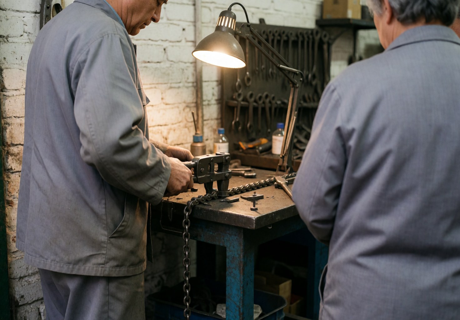 A close-up view of a bicycle chain being replaced during a professional repair service in a workshop setting
