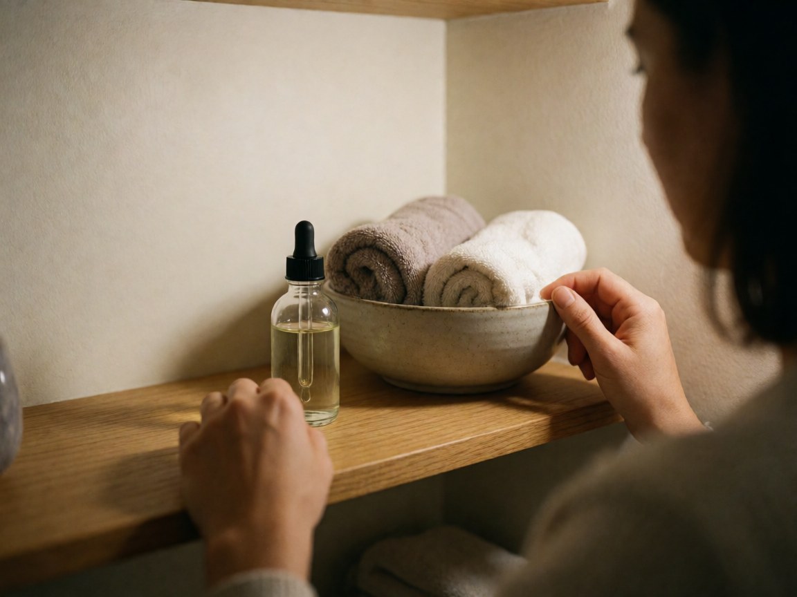 Hands preparing lavender oil and warm towels on a wooden shelf for relaxing prenatal massage and edema relief.