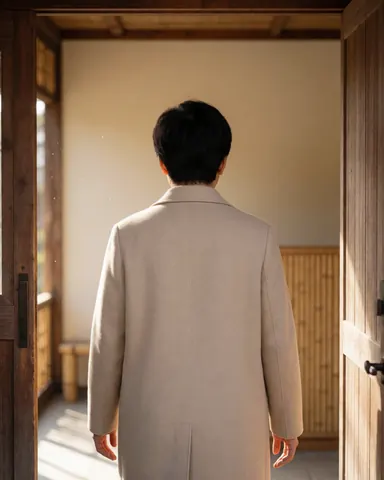 A young adult wearing a jacket enters a serene acupuncture clinic with beige walls and bamboo accents, marking a transition to healing.