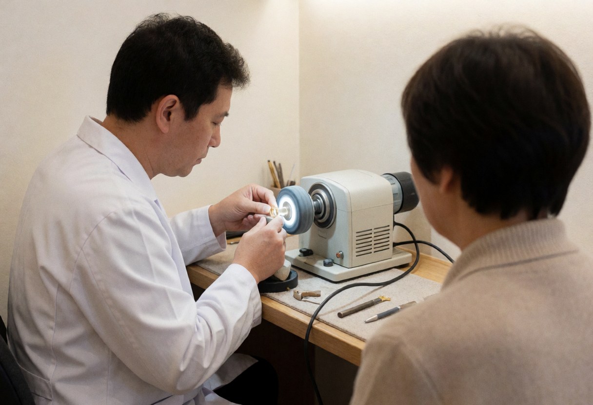Close-up view of a professional jeweler polishing a gold ring using a specialized machine on a workbench in a well-lit workshop