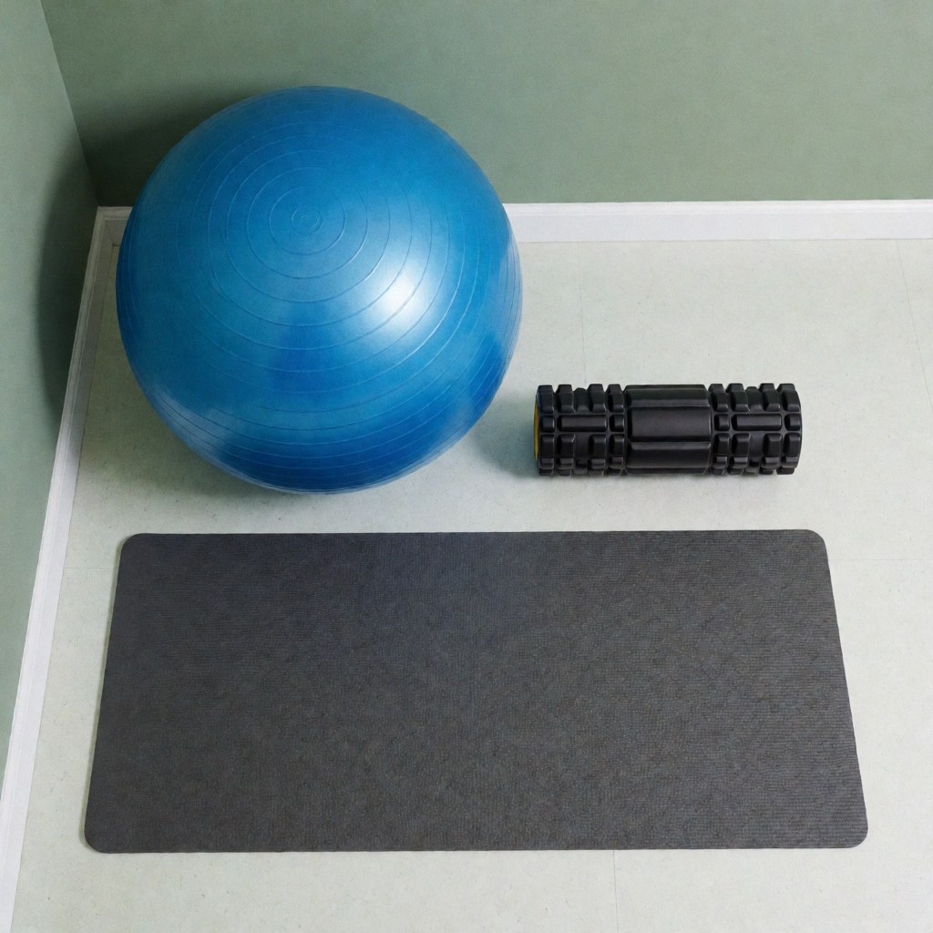 Blue exercise ball, black massage roller, and gray yoga mat arranged on a white floor against a green wall for prenatal care.