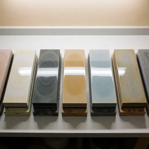 Various colored sharpening stones with different grits arranged in a row on a workbench, reflecting light and highlighting precision.