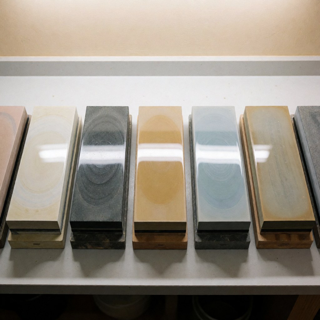 Various colored sharpening stones with different grits arranged in a row on a workbench, reflecting light and highlighting precision.