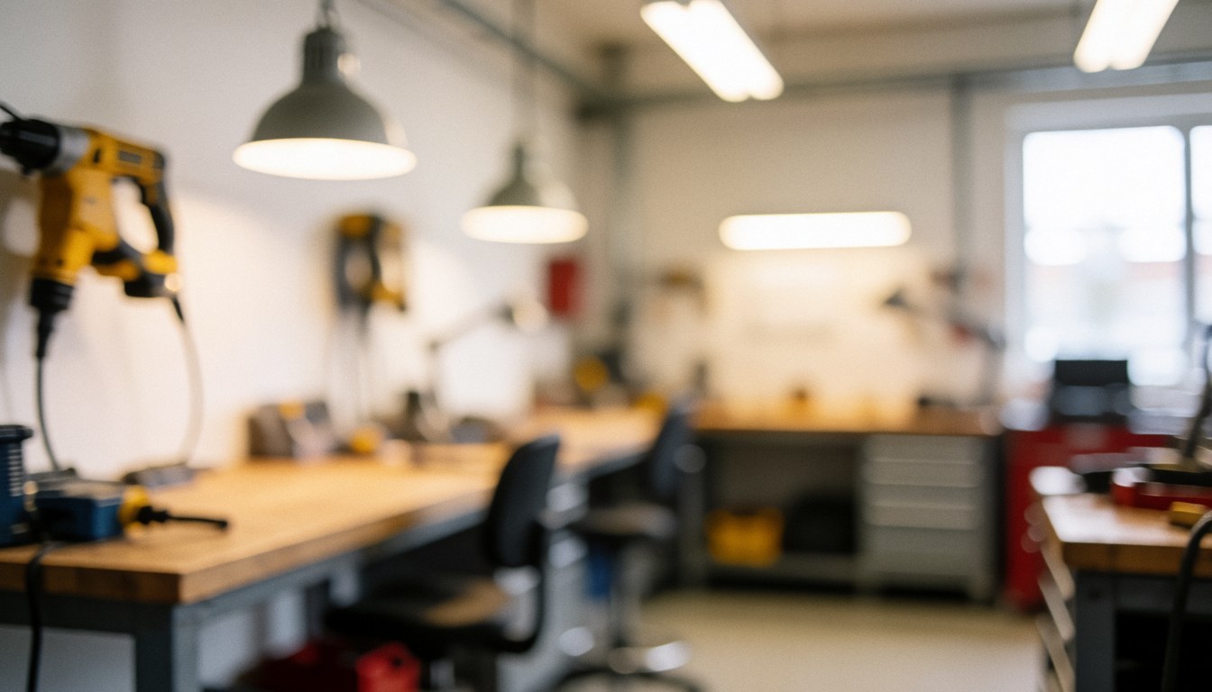 Blurred workshop background featuring tools, worktables, and lighting, ideal for repair and maintenance service text overlays