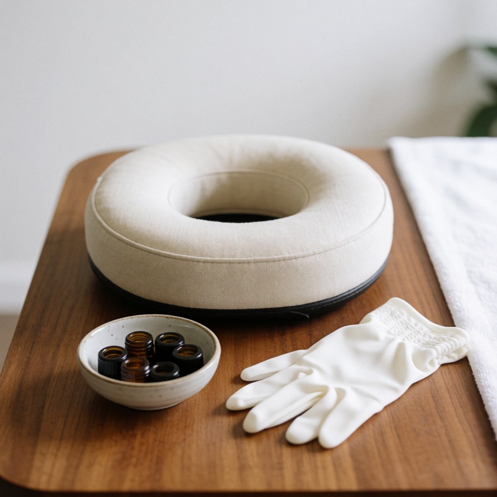 White massage head rest, white gloves, and essential oil bottles arranged on a light wooden table for a professional spa setting