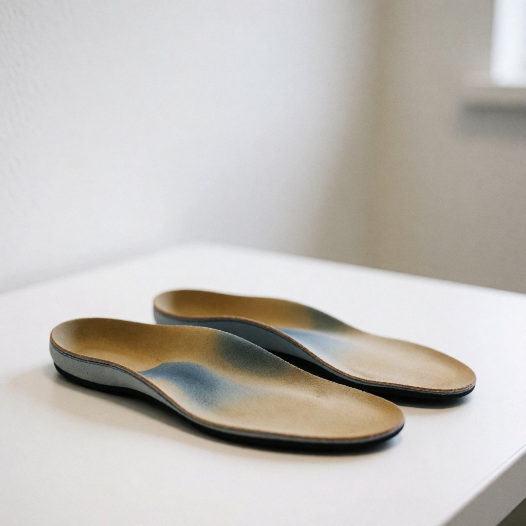 A pair of white custom orthotic insoles designed for sports shoes, displayed on a clean white background with soft natural lighting.
