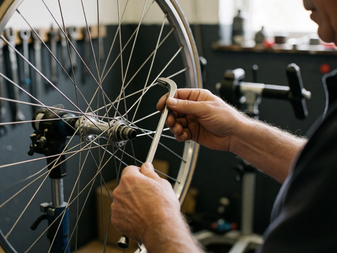 Mechanic hands using a spoke wrench to adjust a bicycle wheel on a truing stand in a workshop with tools and dark gray walls