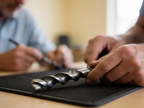 Close-up of a precision drill on a workbench with hands working and a blurred workshop background