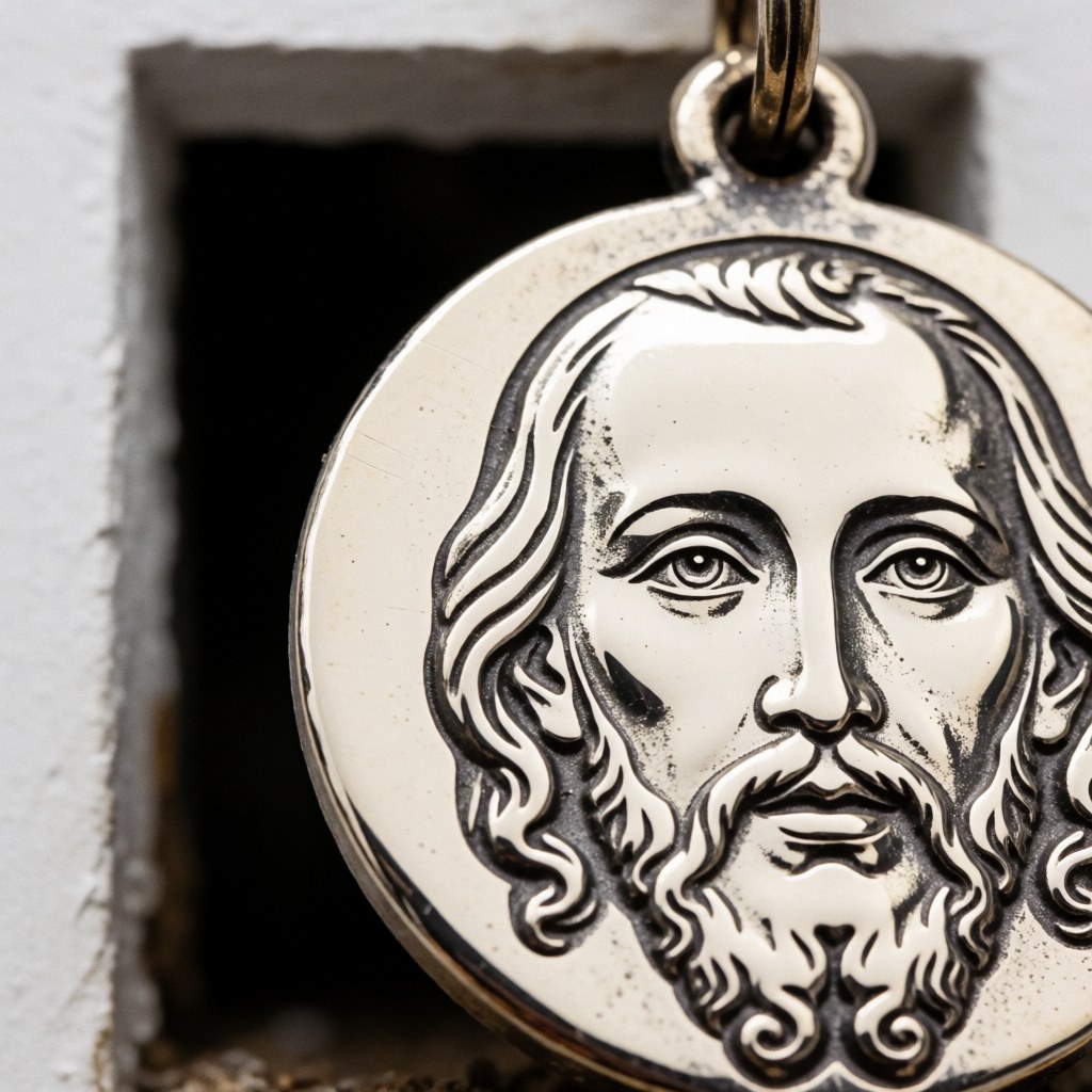 Detailed close-up of a polished metal San Judas medal with engraved details, reflecting light against a dark background, showcasing fine jewelry craftsmanship.
