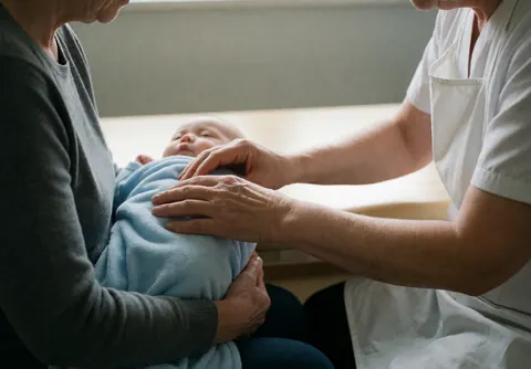 An osteopath uses expert hands to palpate the back of a calm baby wrapped in a blue blanket while held by the mother in a warm clinical setting.