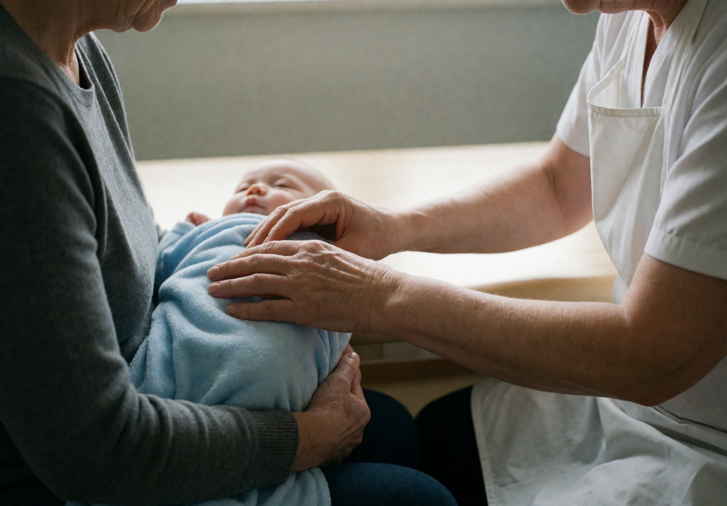 An osteopath uses expert hands to palpate the back of a calm baby wrapped in a blue blanket while held by the mother in a warm clinical setting.