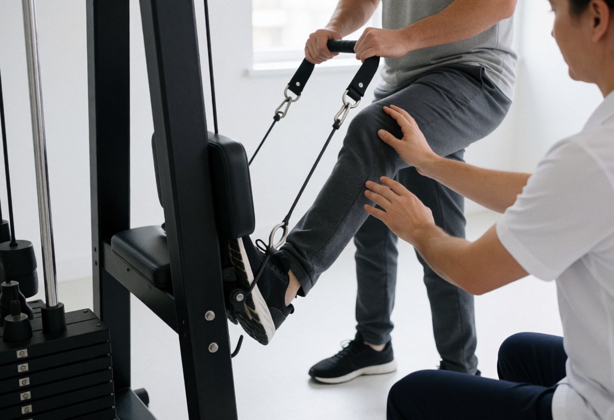 A physical therapist assists a patient with a knee exercise using a cable pulley machine in a clean, professional clinic setting.