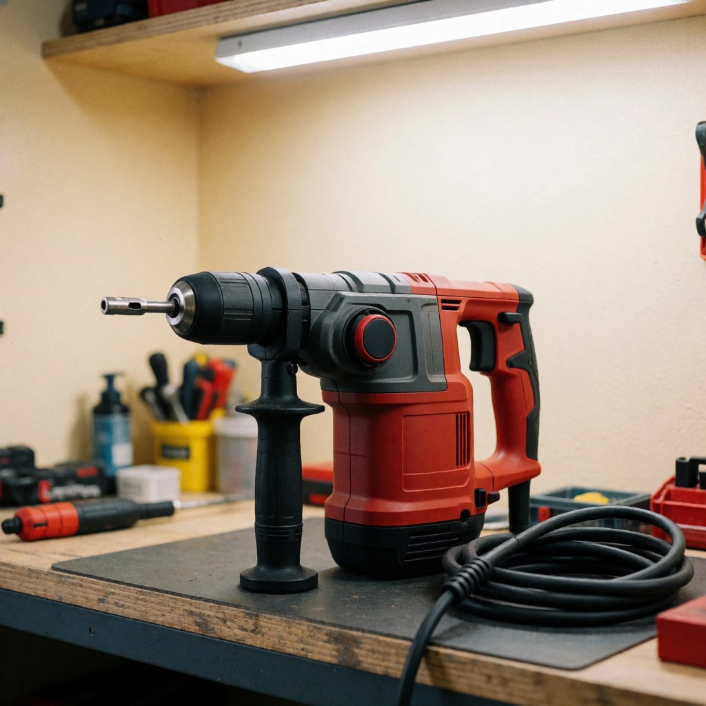 Red and black corded impact drill with LED light on a workbench, coiled cable, and tools in a workshop background.