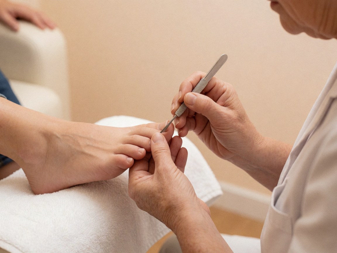 Close-up of a podiatrist using a polishing tool on a client's toenails over a white towel in a clean professional setting